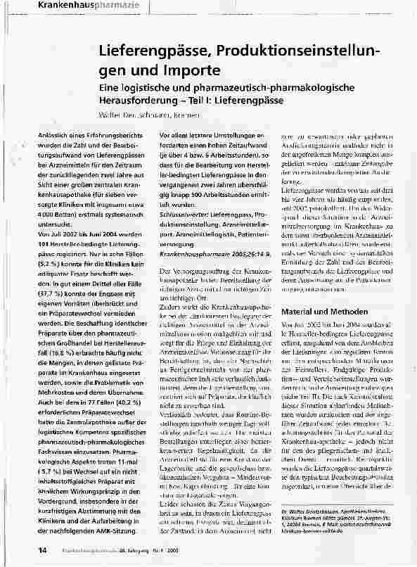 Vorschauseite 1: Lieferengpässe, Produktionseinstellungen und ImporteEine logistische und pharmazeutisch-pharmakologische Herausforderung - Teil I: Lieferengpässe