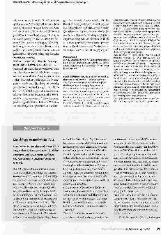 Vorschauseite 6: Lieferengpässe, Produktionseinstellungen und ImporteEine logistische und pharmazeutisch-pharmakologische Herausforderung - Teil I: Lieferengpässe