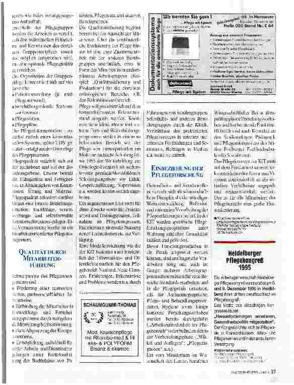 Vorschauseite 2: Pflegekonzept in Freiburg Die Klinik für Tumorbiologie Freiburg wurde Ende Juni 1995