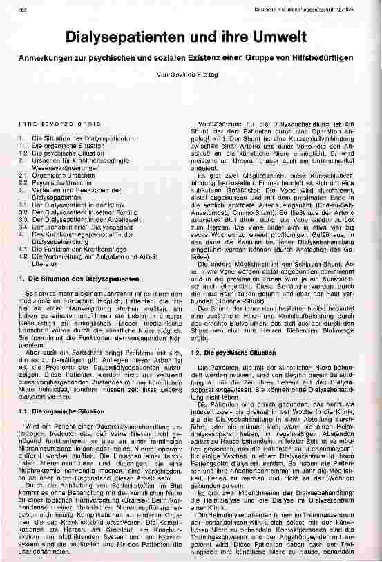 Vorschauseite 1: Dialysepatienten und ihre Umwelt Anmerkungen zur psychischen und sozialen Existenz einer Gruppe
