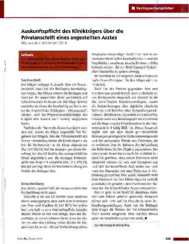Vorschauseite 1: Auskunftspflicht des Klinikträgers über die Privatanschrift eines angestellten ArztesBGH vom 20.1.201 5 (VI ZR 137/14)