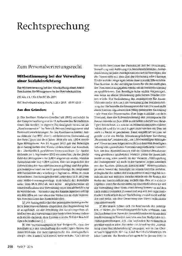 Vorschauseite 1: Mitbestimmung bei der Verwaltung einer Sozialeinrichtung Zur Mitbestimmung bei der Abschaffung eines Azubi-Zuschusses für Mittagessen in der Betriebskantine.