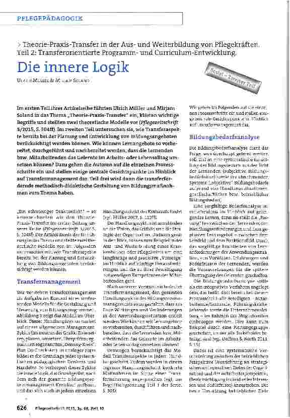 Vorschauseite 1: Theorie-Praxis-Transfer in der Ausund Weiterbildung von Pflegekräften. Teil 2: Transferorientierte Programmund Curriculum-Entwicklung. Die innere Logik