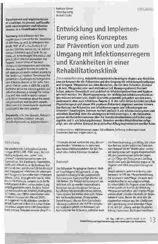Vorschauseite 1: Entwicklung und Implementierung eines Konzeptes zur Prävention von und zum Umgang mit Infektionserregern und Krankheiten in einer Rehabilitationsklinik