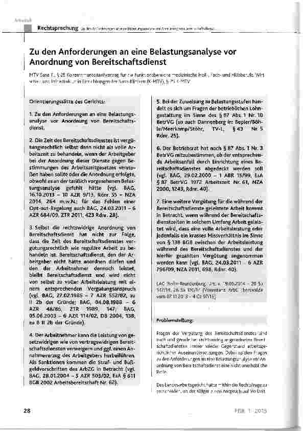 Vorschauseite 1: Zu den Anforderungen an eine Belastungsanalyse vor Anordnung von Bereitschaftsdienst
