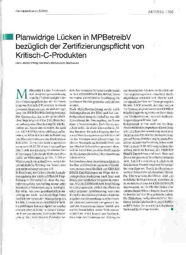 Vorschauseite 1: Planwidrige Lücken in MPBetreibV bezüglich der Zertifizierungspflicht von Kritisch-C-Produkten