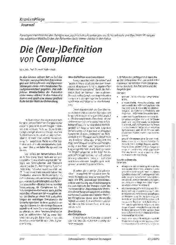 Vorschauseite 1: Die (Neu-)Definition von ComplianceParadigmen wechsel bei der Therapie von psychischen Erkrankungen wie Schizophrenie und Bipolaren Störungen: das subjektive Wohlbefinden der Pati…