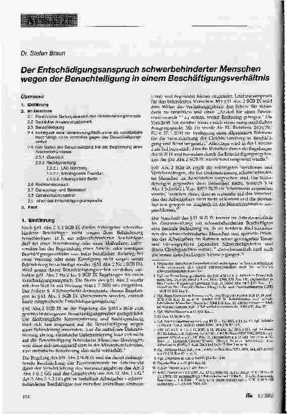 Vorschauseite 1: Der Entschädigungsanspruch schwerbehinderter Menschen wegen der Benachteiligung in einem Beschäftigungsverhältnis
