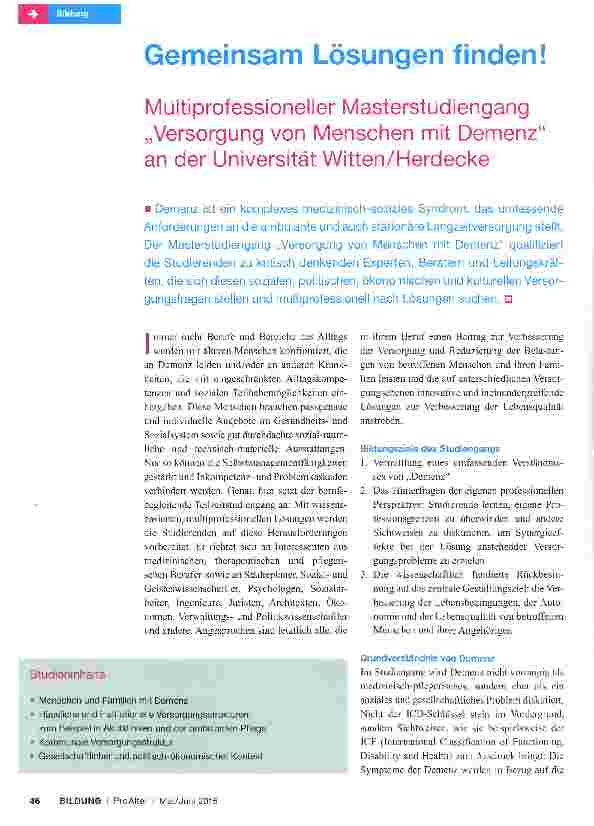 Vorschauseite 1: Gemeinsam Lösungen finden! Multiprofessioneller Masterstudiengang „Versorgung von Menschen mit Demenz an der Universität Witten/Herdecke
