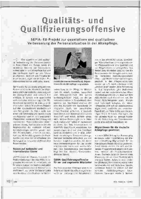 Vorschauseite 1: Qualitätsund QualifizierungsoffensiveSEPiA: EU-Projekt zur quantativen und qualitativen Verbesserung der Personalsituation in der Altenpflege.