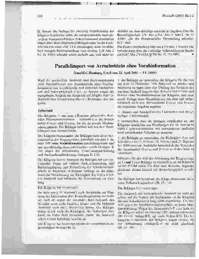 Vorschauseite 1: Parallelimport von Arzneimitteln ohne VorabinformationHansOLG Hamburg, Urteil vom 22. April 2004 - 3 U 240/01