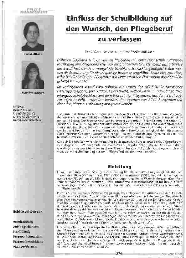 Vorschauseite 1: Einfluss der Schulbildung den Wunsch, den Pflegeberuf zu verlassen