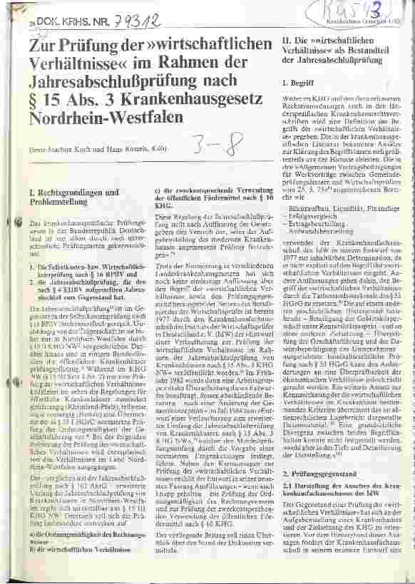 Vorschauseite 1: Zur Prüfung der wirtschaftlichen Verhältnisse im Rahmen der Jahresabschlußprüfung nach Parag. 15 Abs. Krhs. -Gesetz Nordr-Westfalen