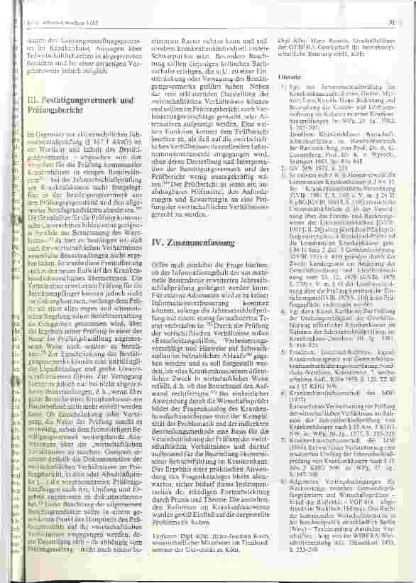 Vorschauseite 4: Zur Prüfung der wirtschaftlichen Verhältnisse im Rahmen der Jahresabschlußprüfung nach Parag. 15 Abs. Krhs. -Gesetz Nordr-Westfalen