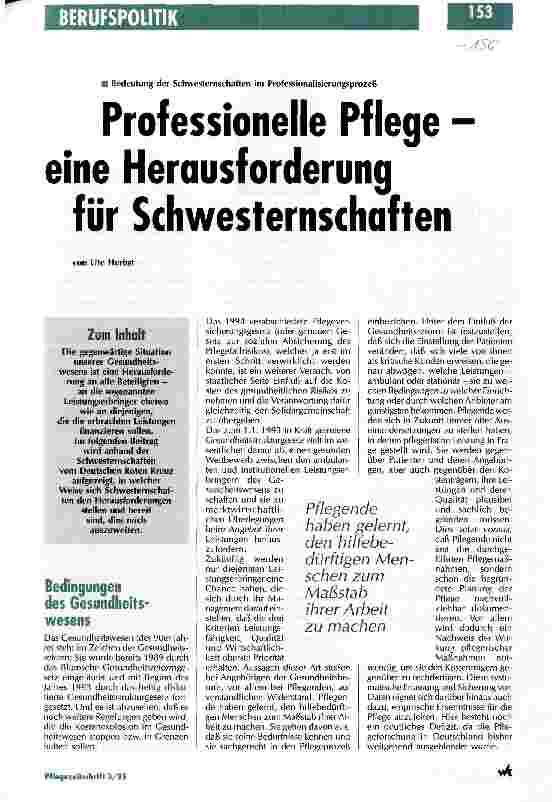 Vorschauseite 1: Profesionelle Pflege - eine Herausforderung für Schwesternschaften Bedeutung der Schwesternschaften im Professionalisierungsprozeß
