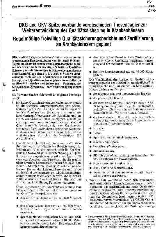 Vorschauseite 1: DKG und GKV-Spitzenverbände verabschieden Thesenpapier zur Weiterentwicklung der Qualitätssicherung in Krankenhäusern Regelmäßig freiwillige Qualitätssicherungsberichte und Zertif…