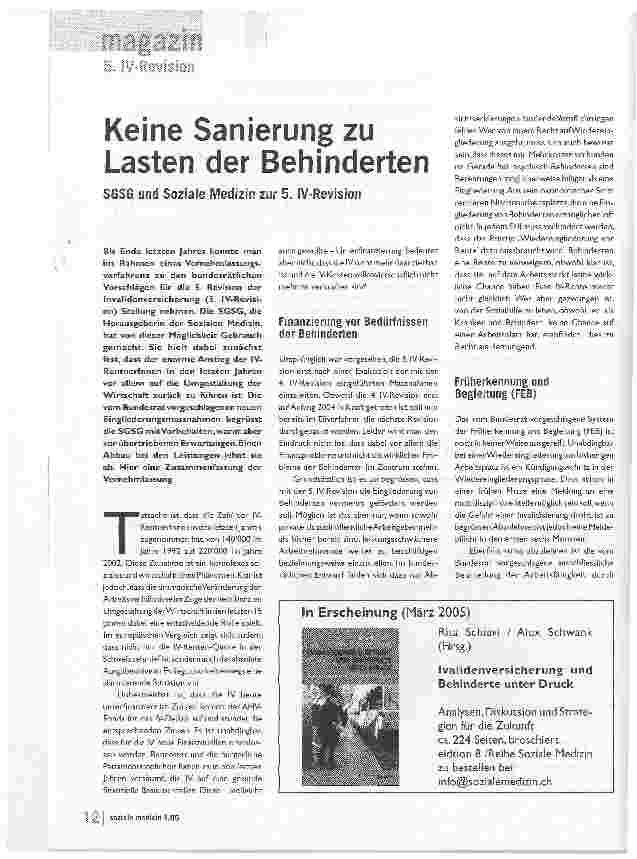 Vorschauseite 1: Keine Sanierung zu Lasten der BehindertenSGSG und Soziale Medizin zur 5. IV-Revision
