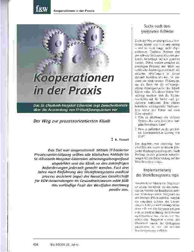 Vorschauseite 1: Kooperationen in der PraxisDas St. - Elisabeth - Hospital Gütersloh legt Zwischenbericht über die Anwendung von IT-Workflowsystemen vor