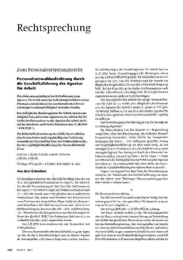 Vorschauseite 1: Personalratswahlanfechtung durch die Geschäftsführung der Agentur für Arbeit