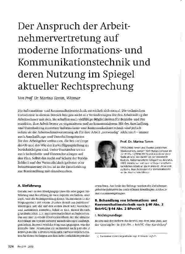 Vorschauseite 1: Der Anspruch der Arbeit-nehmervertretung auf moderne Informationsund Kommunikationstechnik und deren Nutzung im Spiegel aktueller Rechtsprechung