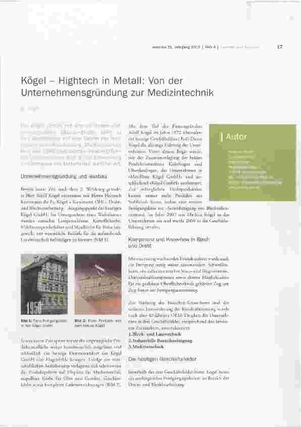 Vorschauseite 1: Kögel Hightech in Metall: Von der Unternehmensgründung zur Medizintechnik