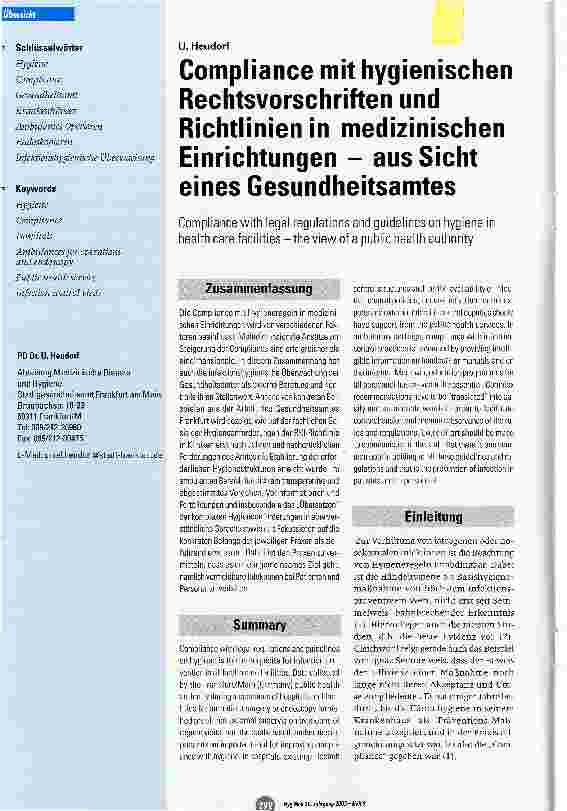 Vorschauseite 1: Compliance mit hygienischen Rechtsvorschriften und Richtlinien in medizinischen Einrichtungen - aus Sicht eines Gesundheitsamtes