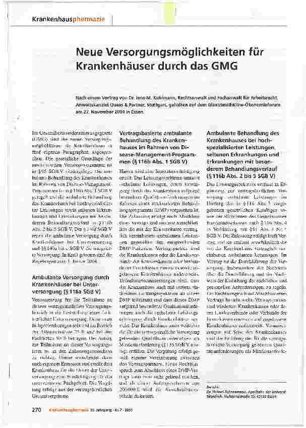 Vorschauseite 1: Neue Versorgungsmöglichkeiten für Krankenhäuser durch das GMG