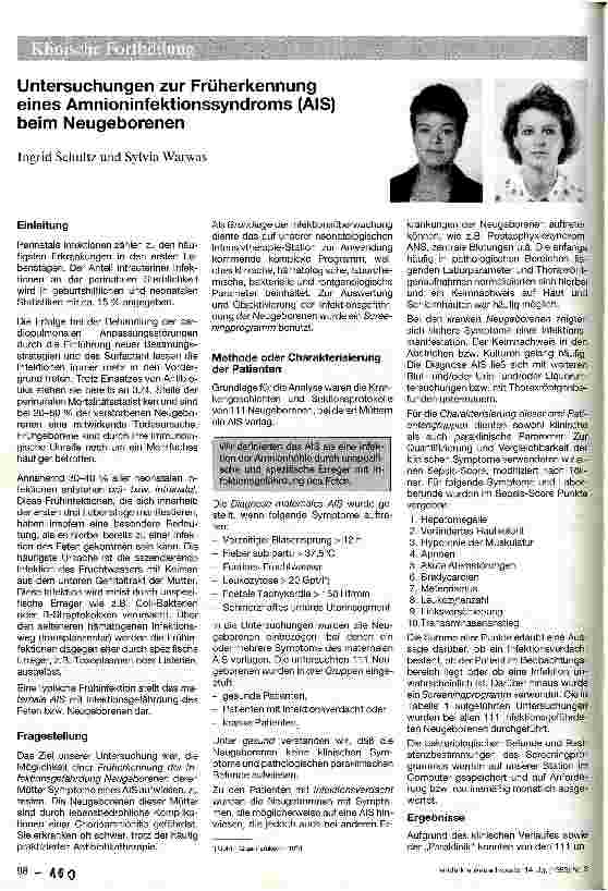 Vorschauseite 1: Untersuchungen zur Früherkennung eines Amnioninfektionssyndroms (AIS) biem Neugeborenen.