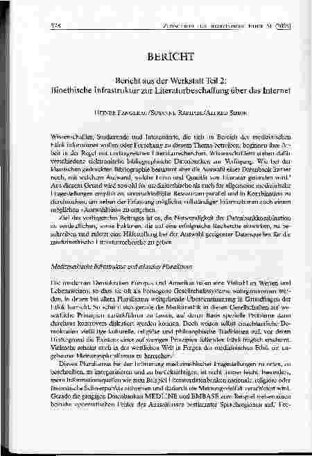Vorschauseite 1: Bericht aus der Werkstatt Teil 2: Bioethische Infrastruktur zur Literaturbeschaffung über das Internet