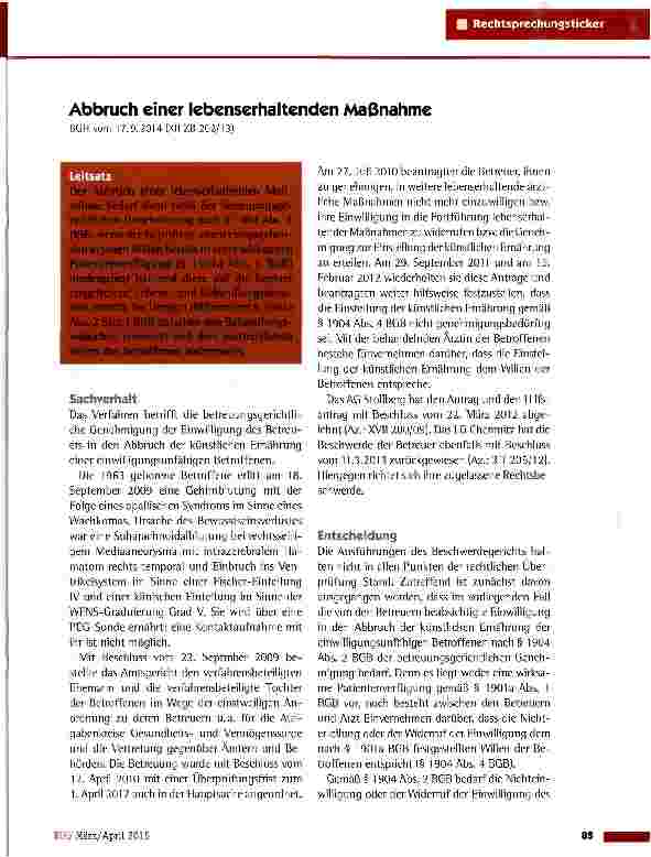 Vorschauseite 1: Abbruch einer lebenserhaltenden Maßnahme BGH vom 17. 9. 2014 (Xll ZB 202/13)