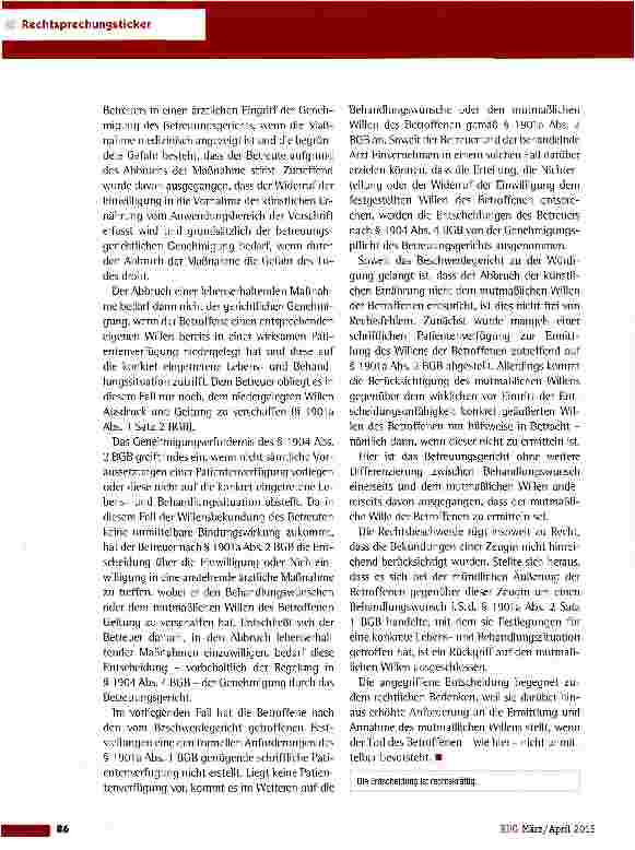Vorschauseite 2: Abbruch einer lebenserhaltenden Maßnahme BGH vom 17. 9. 2014 (Xll ZB 202/13)