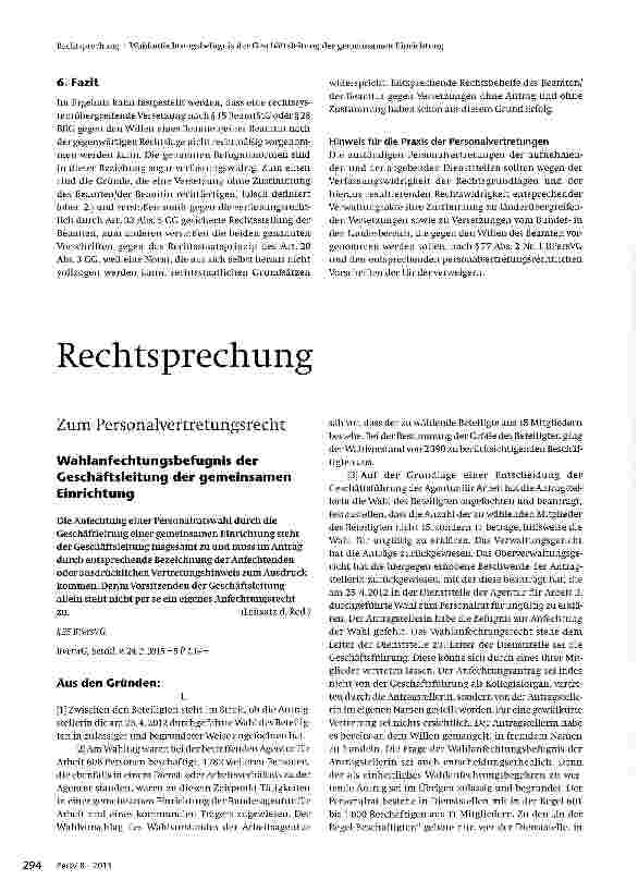 Vorschauseite 1: Wahlanfechtungsbefugnis der Geschäftsleitung der gemeinsamen Einrichtung