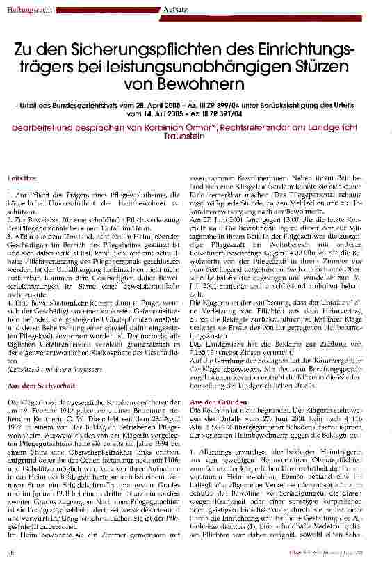Vorschauseite 1: Zu den Sicherungspflichten des Einrichtungsträgers bei leistungsunabhängigen Stürzen von Bewohnern