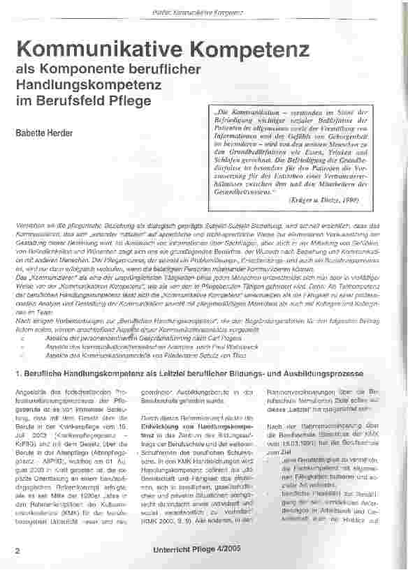 Vorschauseite 1: Kommunikative Kompetenz als Komponente beruflicher Handlungskompetenz im Berufsfeld Pflege