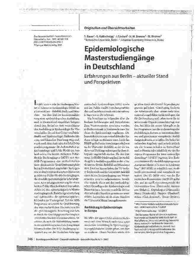 Vorschauseite 1: Epidemiologische Masterstudiengänge in DeutschlandErfahrungen aus Berlin - aktueller Stand und Perspektiven