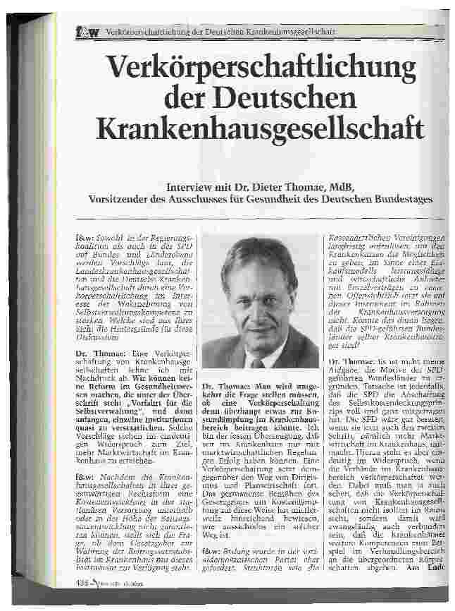Vorschauseite 1: Verkörperschaftlichung des Deutschen Krankenhausgesellschaft Interview mit Dr. Dieter Thomae, MdB, Vorsitzender des Ausschusses für Gesundheit des Deutschen Bundestages