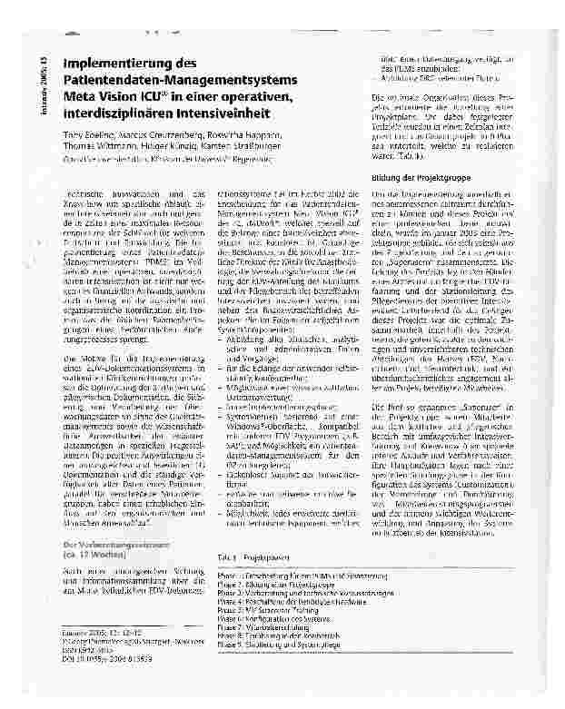 Vorschauseite 1: Implementierung des Patientendaten-Managementsystems Meta Vision ICU® in einer operativen, interdisziplinären Intensiveinheit Intensivpflege