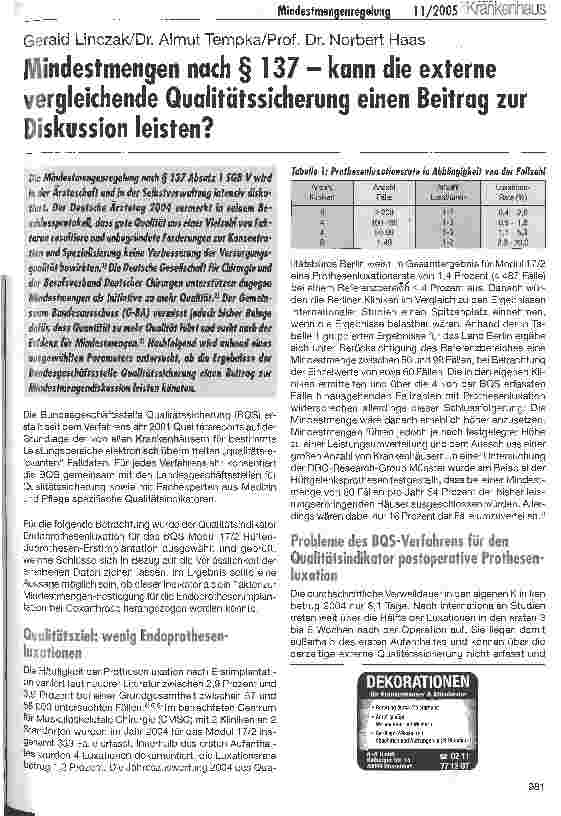 Vorschauseite 1: Mindestmengen nach § 137 - kann die externe vergleichende Qualitätssicherung einen Beitrag zur Diskussion leisten?