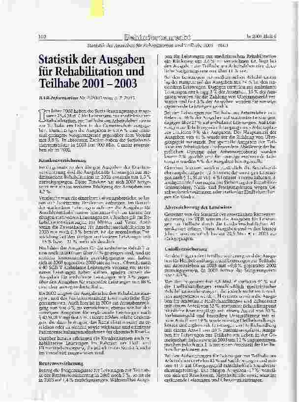 Vorschauseite 1: Statistik der Ausgaben für Rehabilitation und Teilhabe 2001-2003