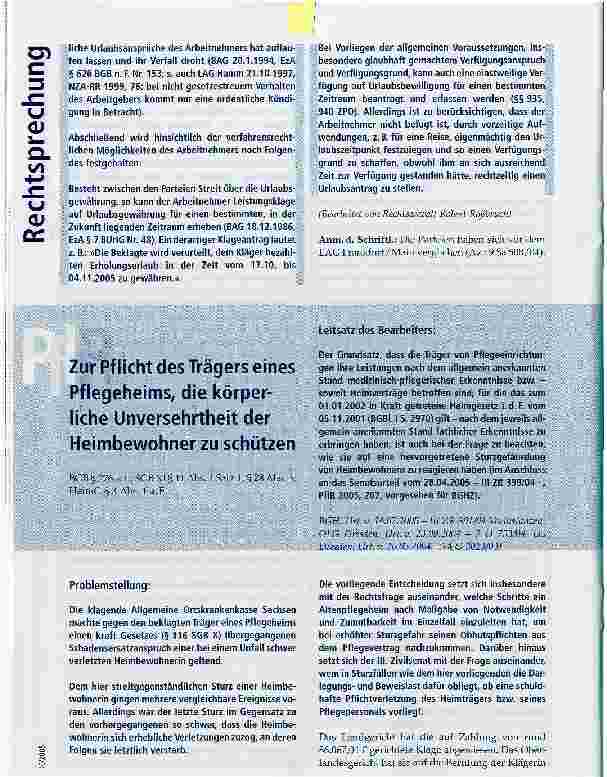 Vorschauseite 1: Zur Pflicht des Trägers eines Pflegeheims, die körperliche Unversehrtheit der Heimbewohner zu schützen