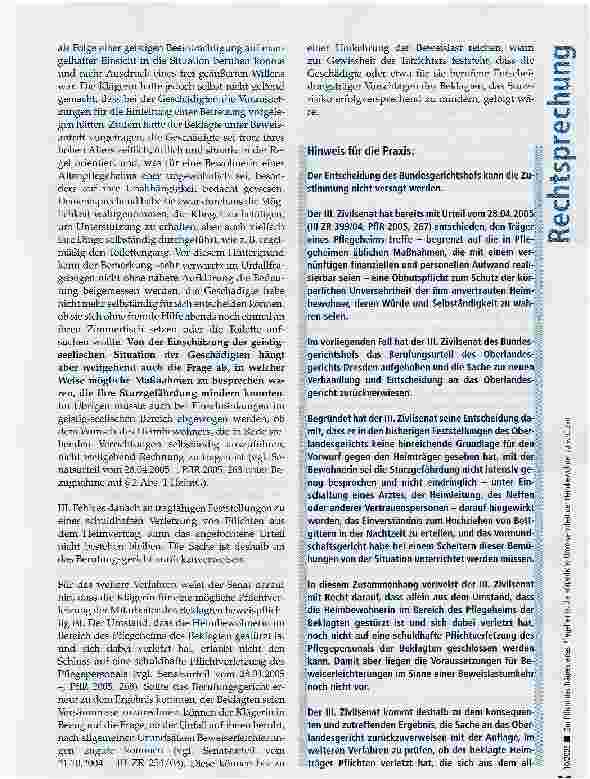 Vorschauseite 4: Zur Pflicht des Trägers eines Pflegeheims, die körperliche Unversehrtheit der Heimbewohner zu schützen