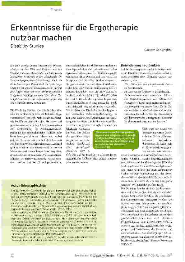 Vorschauseite 1: Erkenntnisse für die Ergotherapie nutzbar machen