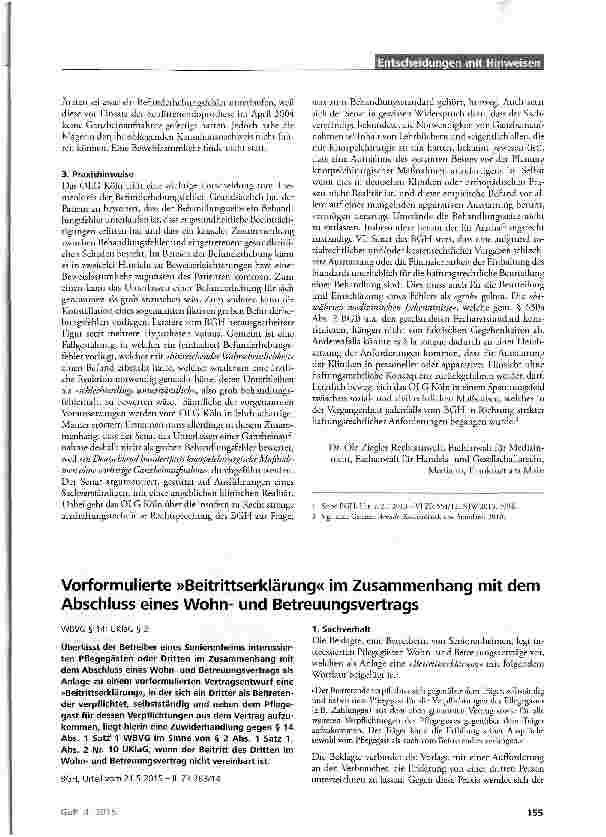 Vorschauseite 1: Vorformulierte »Beitrittserklärung« im Zusammenhang mit dem Abschluss eines Wohnund Betreuungsvertrags