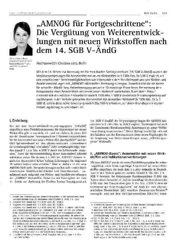 Vorschauseite 1: „AMNOG für Fortgeschrittene: Die Vergütung von Weiterentwick-lungen mit neuen Wirkstoffen nach dem 14. SGB V-ÄndG