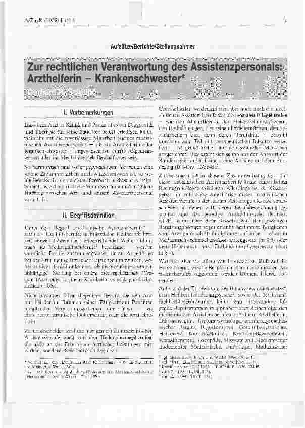 Vorschauseite 1: Zur rechtlichen Verantwortung des Assistenzpersonals:Arzthelferin - Krankenschwester
