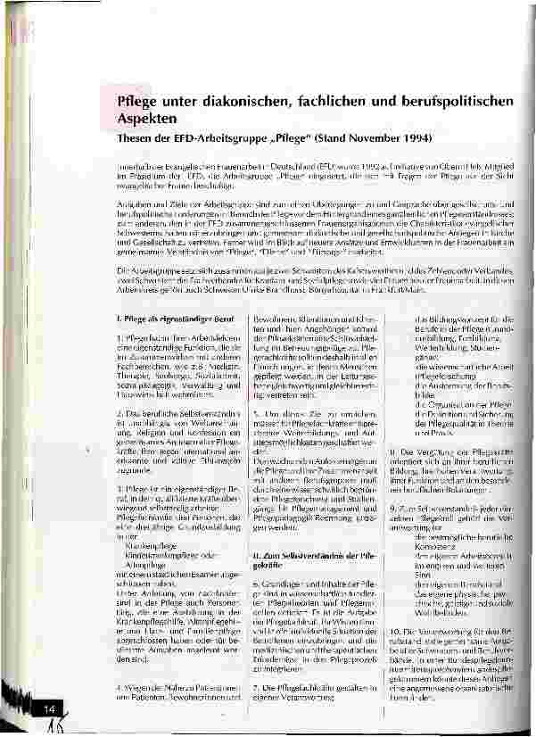Vorschauseite 1: Pflege unter diakonischen, fachlichen und berufspolitischen Aspekten Thesen der EFD-Arbeitsgruppe Pflege (Stand November 1994)