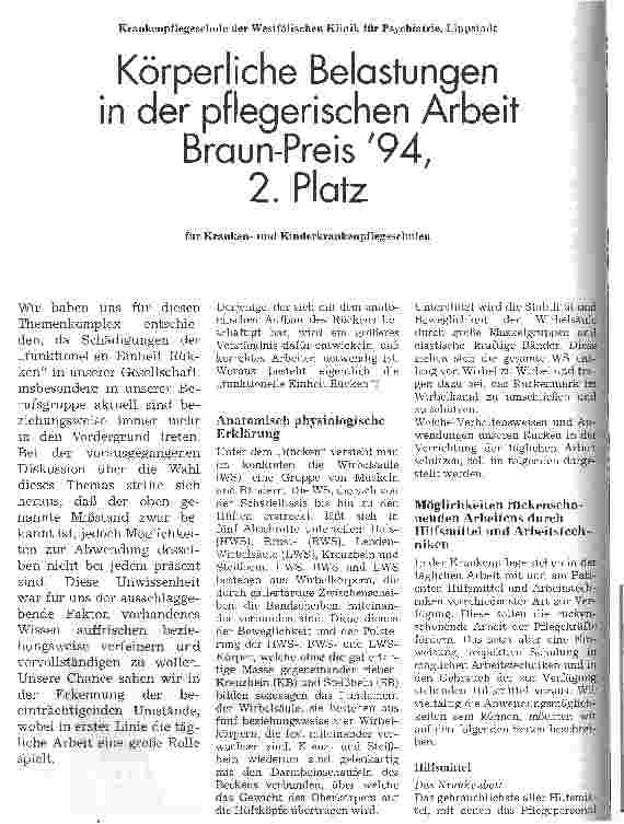 Vorschauseite 1: Körperliche Belastungen in der pflegerischen Arbeit Braun-Preis 94, 2. Platz für Krankenund Kinderkrankenpflegeschulen