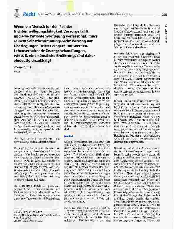 Vorschauseite 1: Wenn ein Mensch für den Fall der Nichteinwilligungsfähigkeit Vorsorge trifft und eine Patientenverfügung verfasst hat, muss seinem Selbstbestimmungsrecht Vorrang vor Überlegungen…