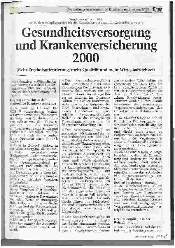 Vorschauseite 1: Gesundheitsversorgung und Krankenversicherung 2000 Mehr Ergebnisorientierung, mehr Qualität und mehr Wirtschaftlichkeit