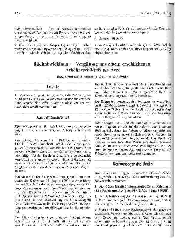 Vorschauseite 1: Rückabwicklung - Vergütung aus einem erschlichenen Arbeitsverhältnis als Arzt